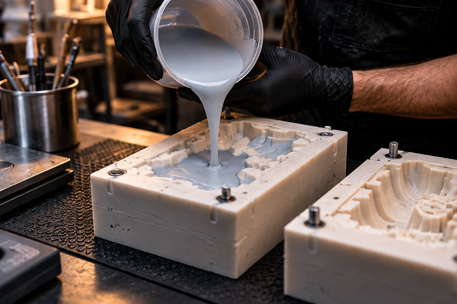 Coulée de silicone dans un moule de précision à l’atelier